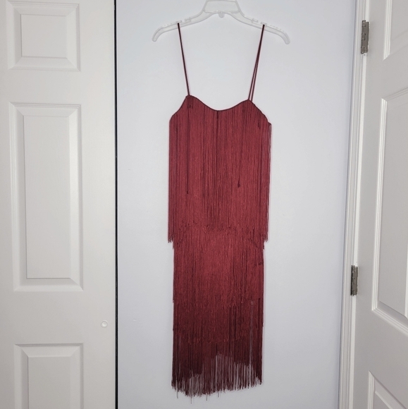 SOLD - NWT Commense Red Fringe Flapper-Style Open Back Sleeveless Short Dress - Picture 3 of 8